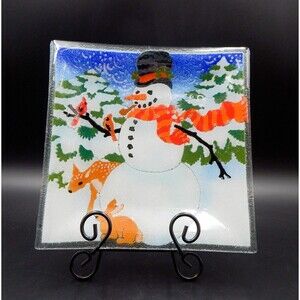 Peggy Karr Fused Glass Snowman Platter Tray Plate Square 9 In Bunny Deer Winter